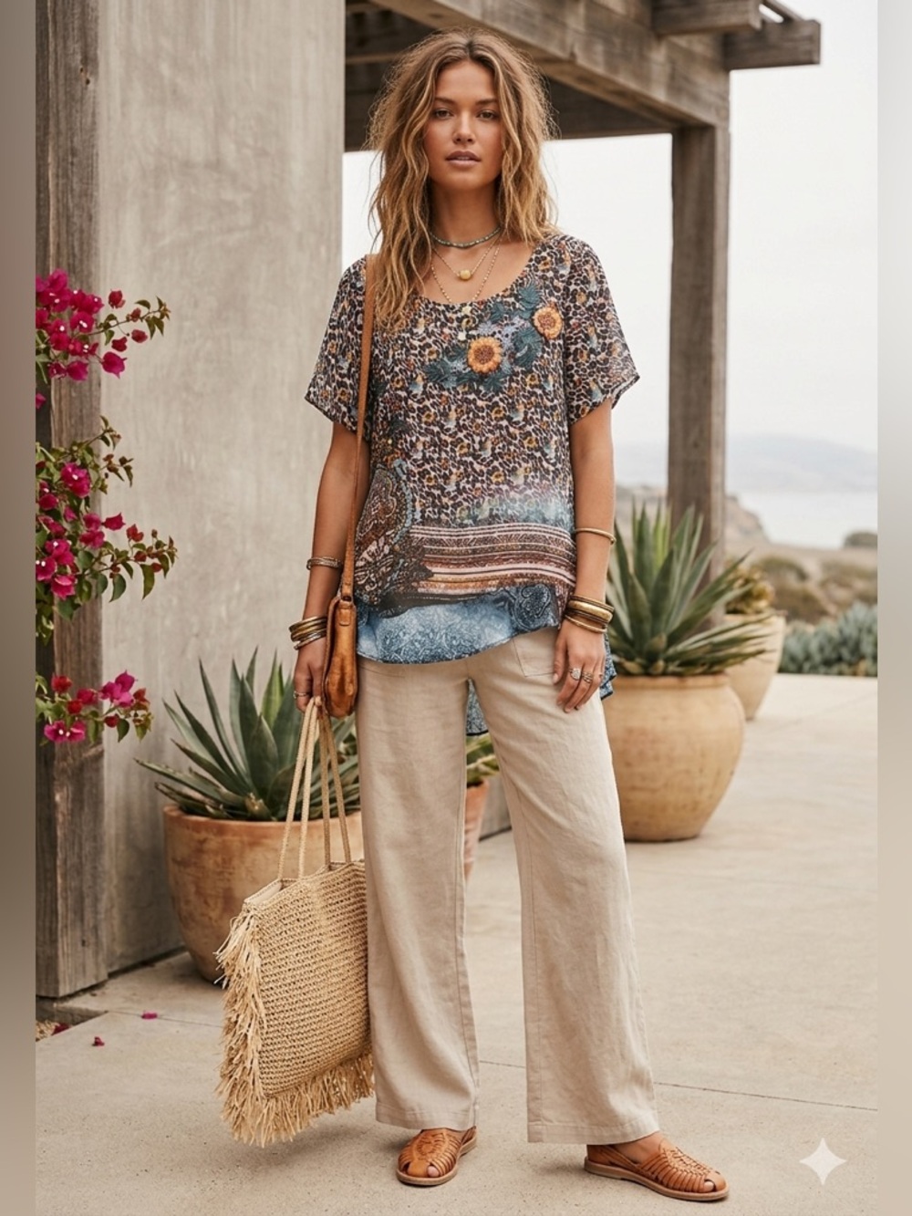 Energe Floral Paisley Mixed-Print Short‎ Sleeve Top M lightweight Lagenlook maxi